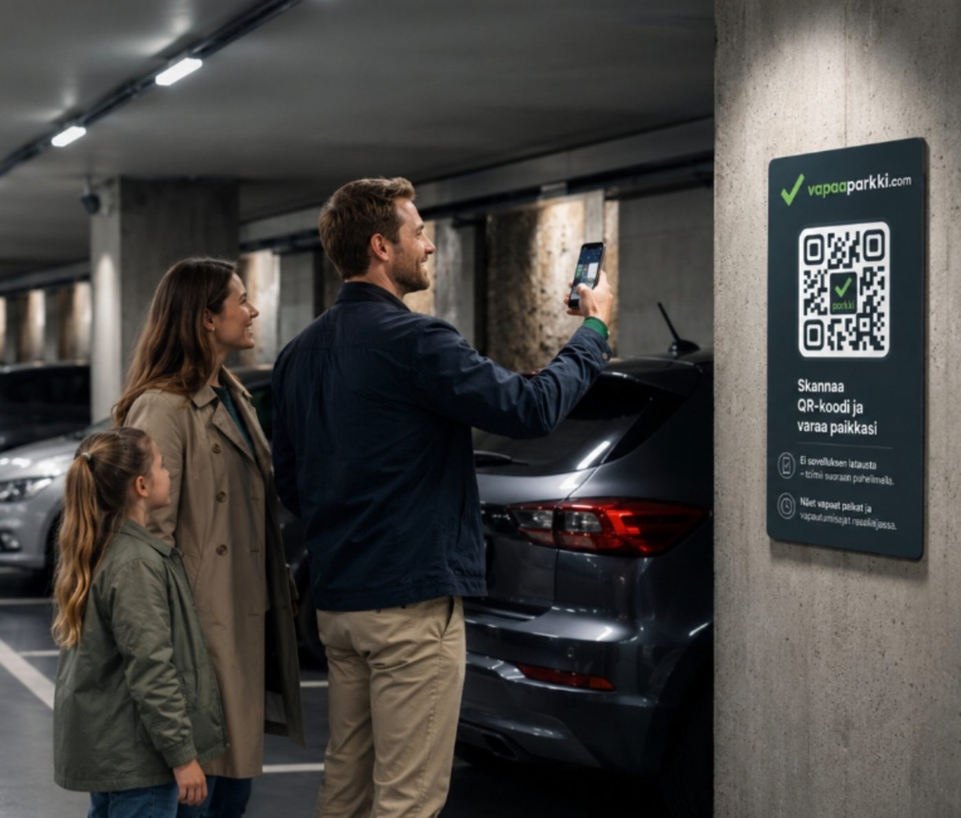 Asiakas skannaa pysäköintialueen QR-koodin puhelimellaan
